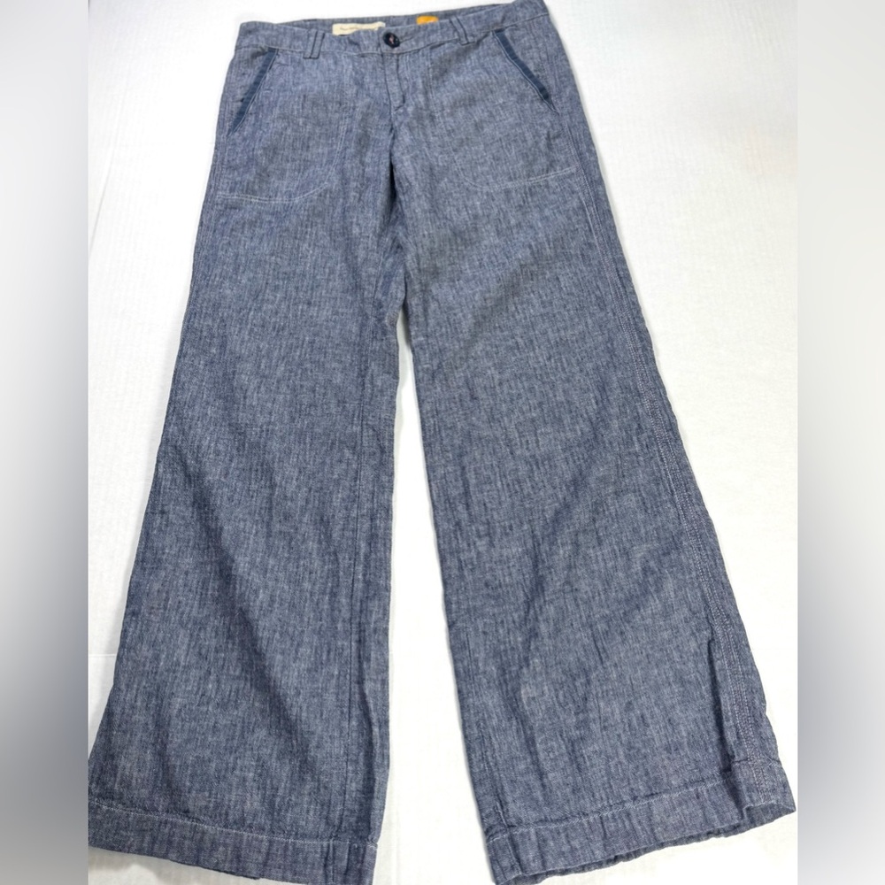 PILCRO Anthropologie Wide Leg Linen Blend Chambray Pants Blue Size 6 - Picture 2 of 11